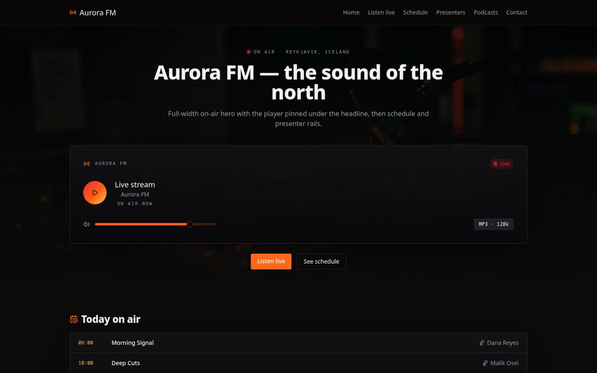 Aurora layout screenshot — Player front and centre for a radio station website