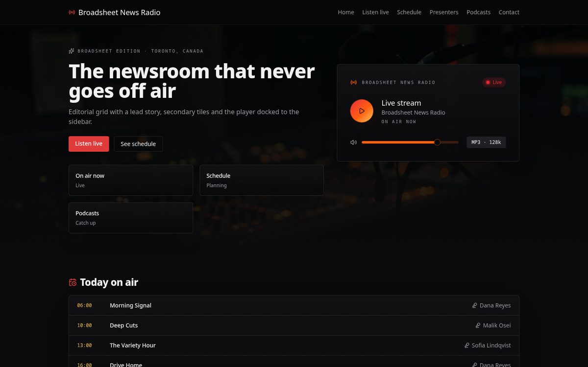 Broadsheet layout screenshot — News-led magazine grid for a radio station website