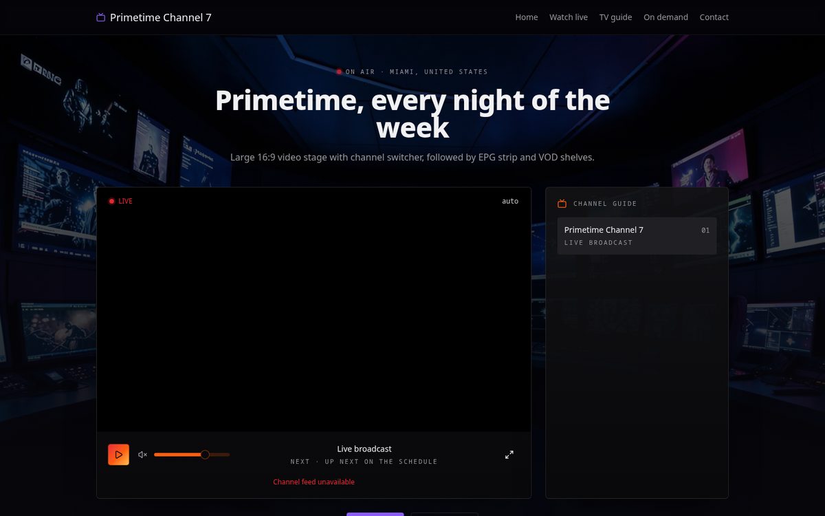 Primetime layout screenshot — Cinematic channel front for a TV channel website