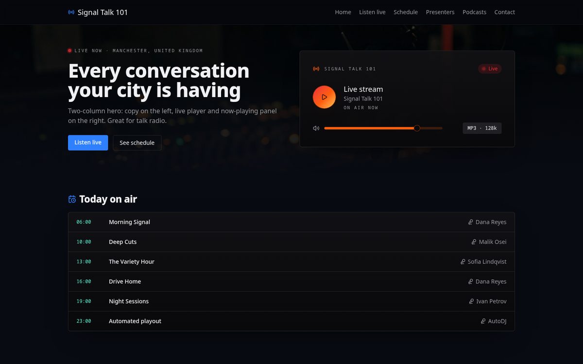 Signal layout screenshot — Split screen studio for a radio station website