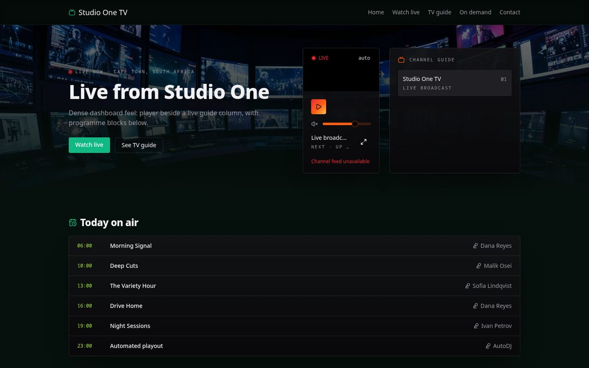 Studio layout screenshot — Broadcast control room for a TV channel website