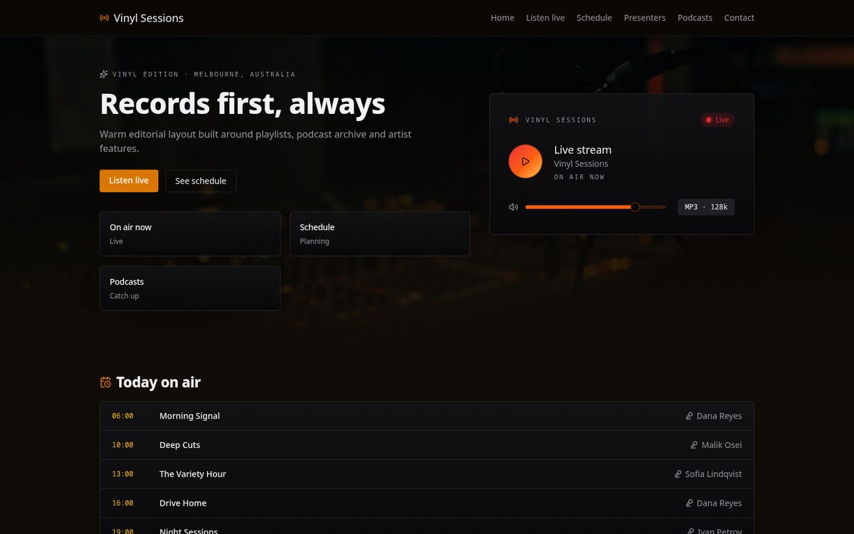 Vinyl layout screenshot — Music-first, warm and tactile for a radio station website